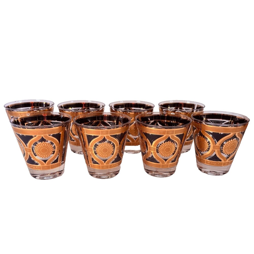 Vtg MCM Fred Press Sunflower 8 Rocks Glasses Black 22K Gold Barware Set Signed